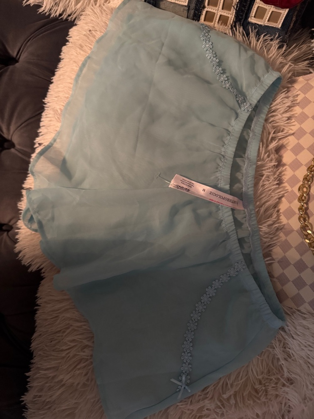 Anthropologie Light Blue Women's Chiffon Sleep Shorts - Soft Lace Trim